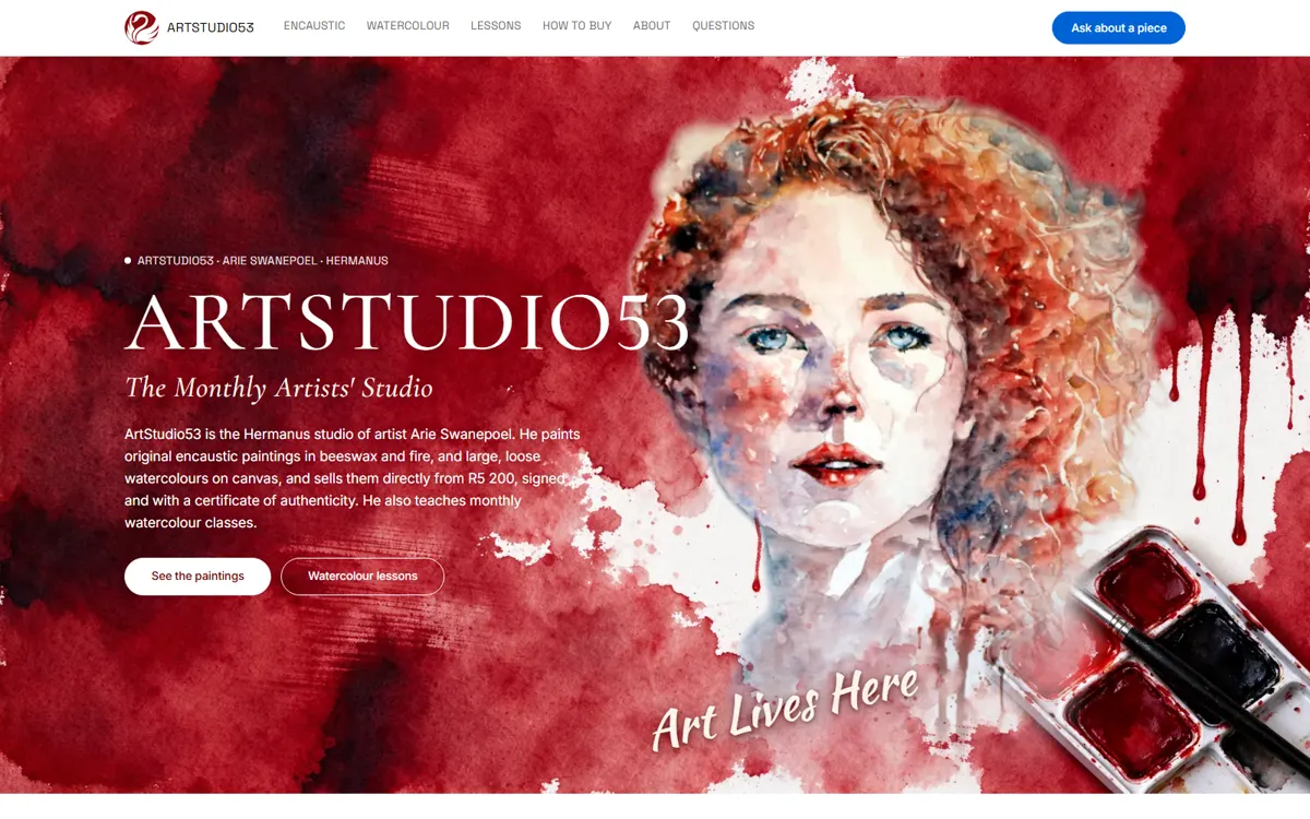 The ArtStudio53 home page: a red watercolour portrait behind the words ArtStudio53, The Monthly Artists' Studio