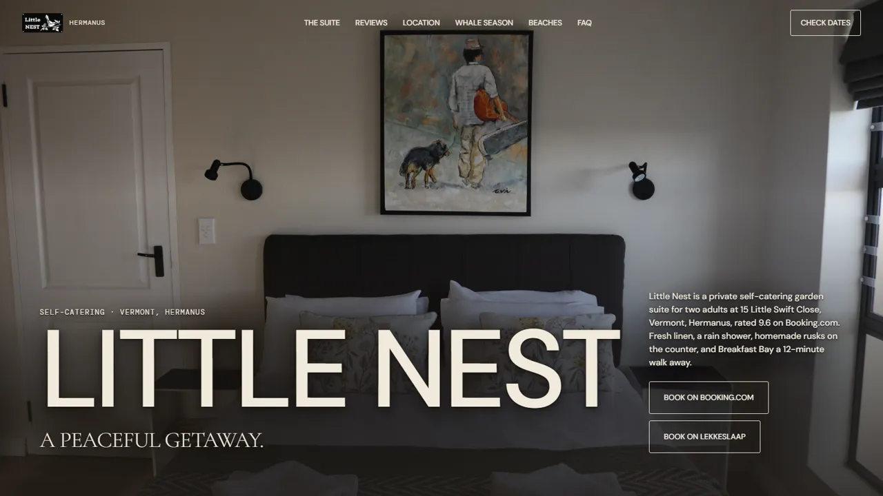 The Little Nest home page: a dark bedroom photo behind the words Little Nest, A peaceful getaway, with booking buttons